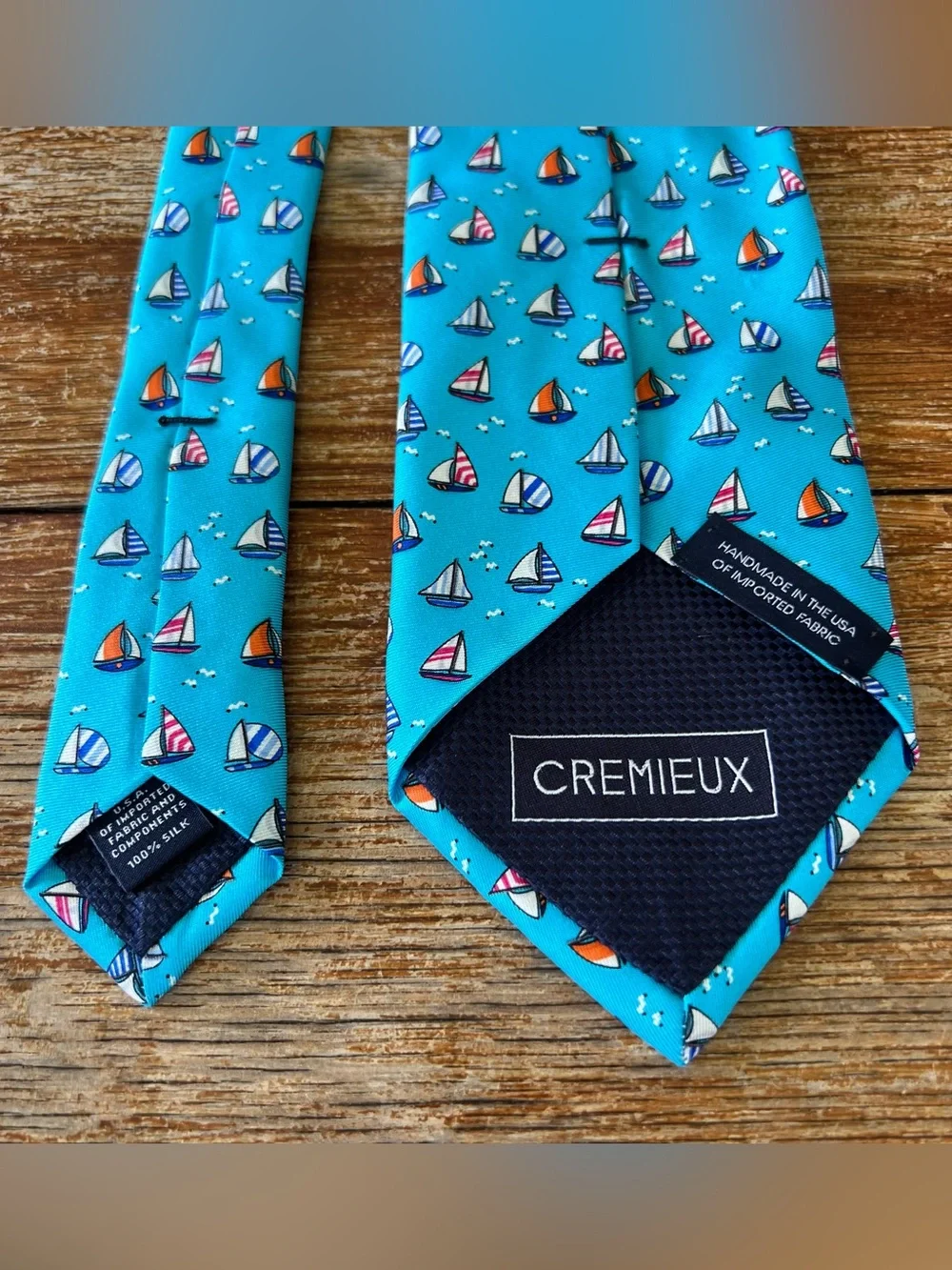 Cremieux 100% Silk Sailboat Nautical Necktie Turquoise Blue 3” Wide 58” Long